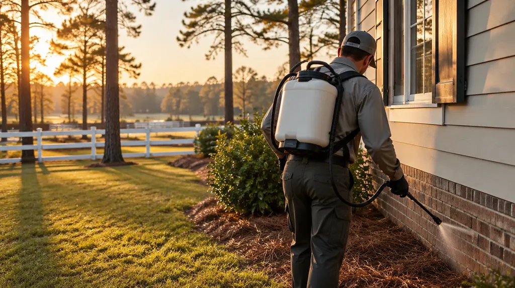 A pest control technician spraying the foundation of a house in Aiken, SC