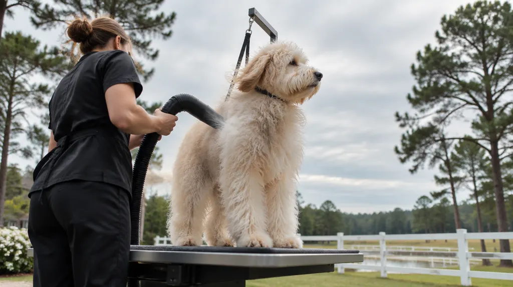 A groomer drying a fluffy dog in Aiken, SC