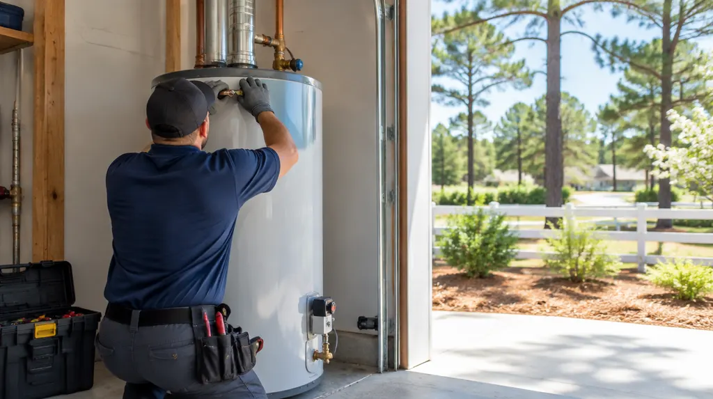 A plumber installing a tank water heater in a garage in Aiken, SC