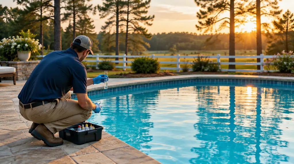A clean blue pool with a technician testing the water in Aiken, SC