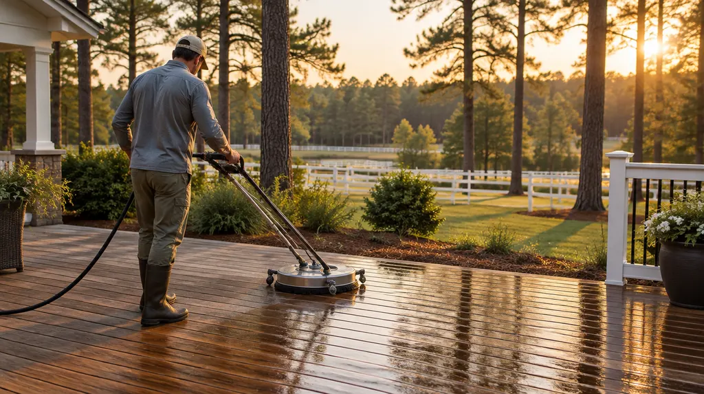 Cleaning a wooden deck with a surface cleaner in Aiken, SC