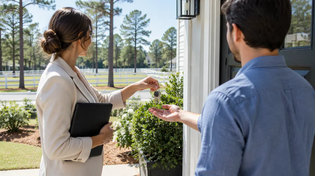 A manager handing keys to a tenant at a front door in Aiken, SC