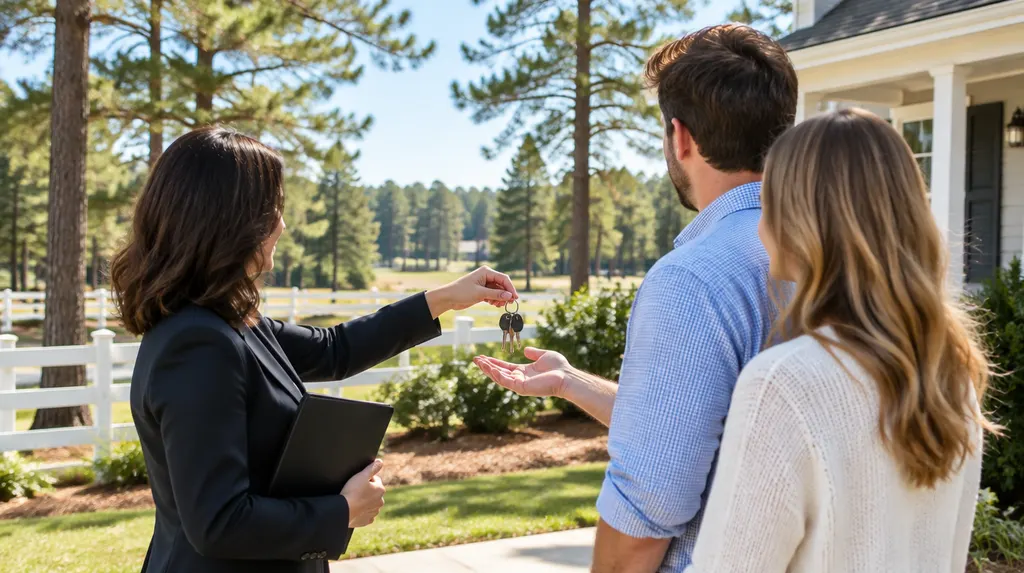 An agent handing keys to new homeowners outside a house in Aiken, SC