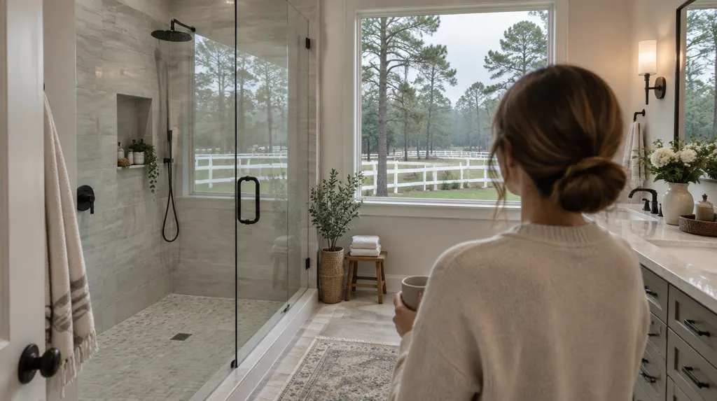 A finished modern bathroom remodel with a walk-in shower in Aiken, SC