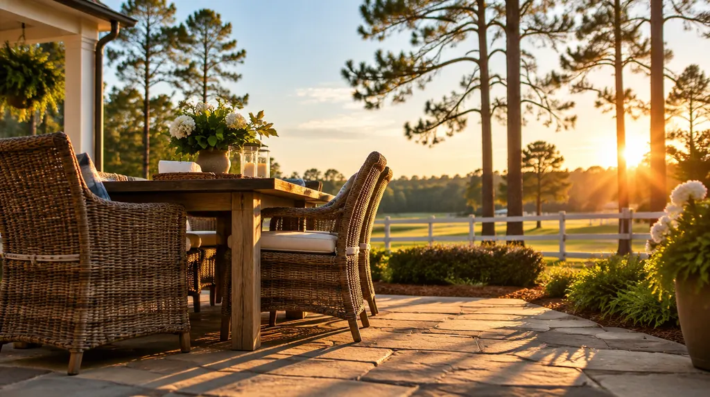 A patio dining area at golden hour in Aiken, SC