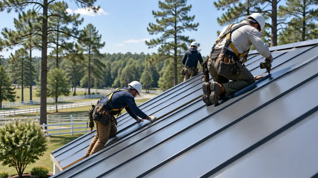 A roofing crew installing a standing-seam metal roof in Aiken, SC