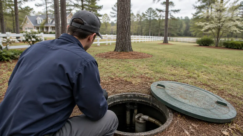 A technician inspecting an open septic tank lid in a yard in Aiken, SC