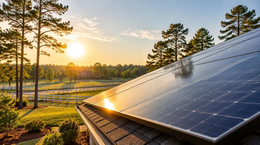 A roof of solar panels at golden hour in Aiken, SC
