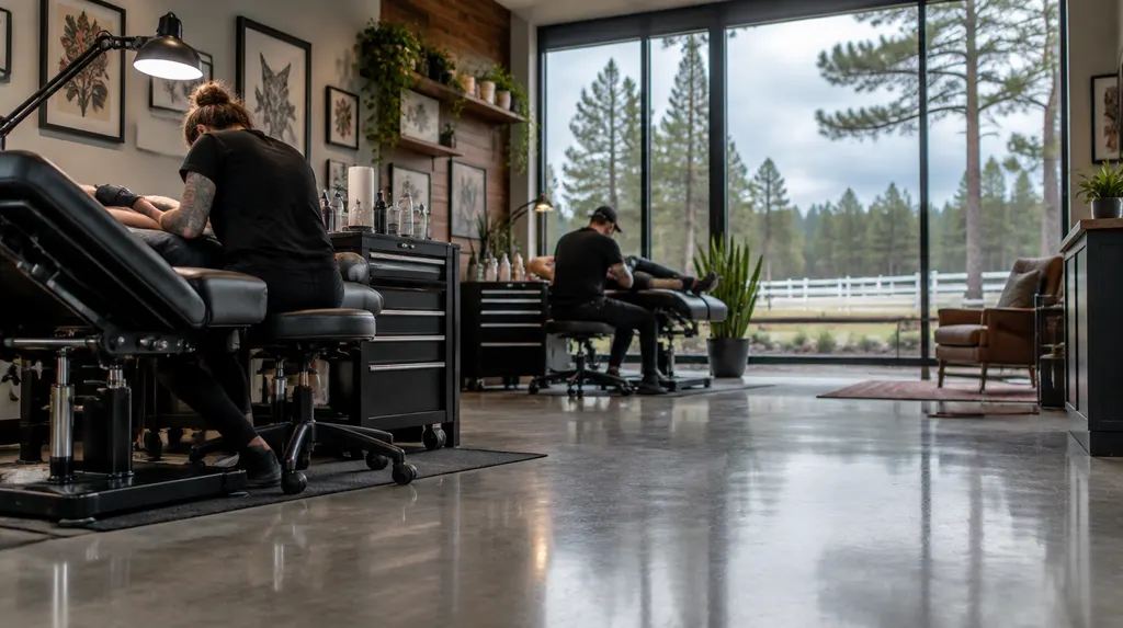A clean modern tattoo studio with artist stations in Aiken, SC