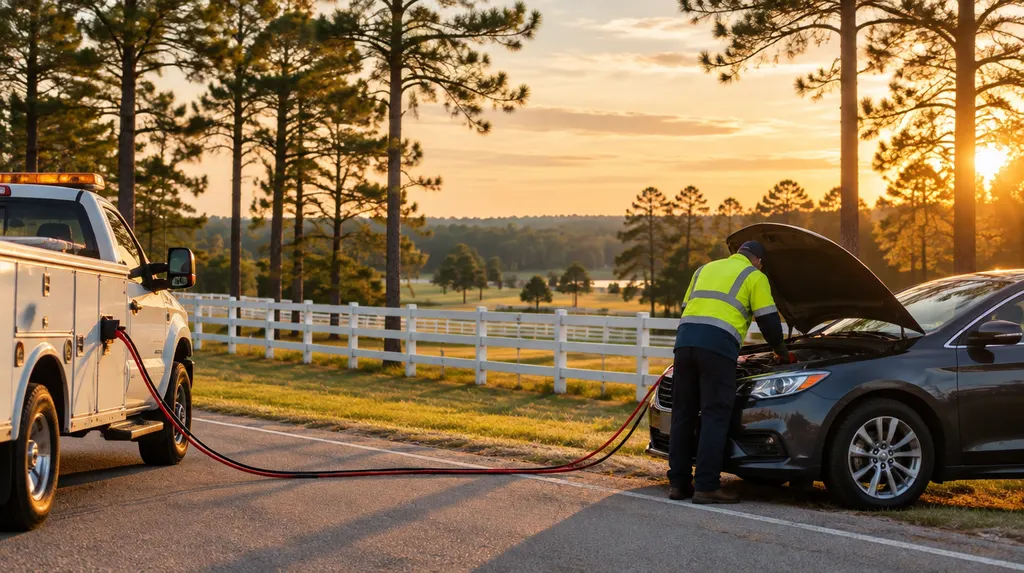 A roadside assistance worker jump-starting a car in Aiken, SC
