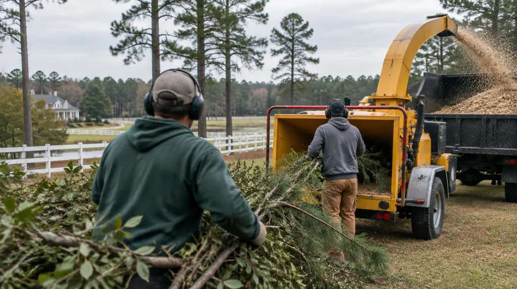 A crew feeding branches into a wood chipper in Aiken, SC