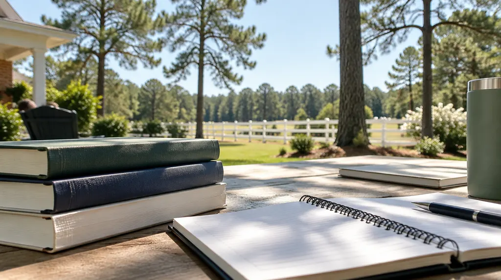 Books and notebooks on a study table in Aiken, SC