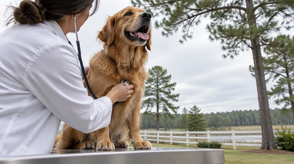 A veterinarian examining a happy dog on an exam table in Aiken, SC