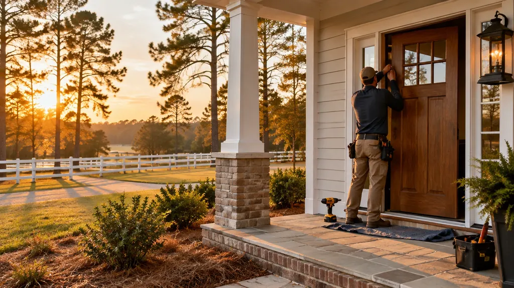 An installer hanging a new front entry door in Aiken, SC