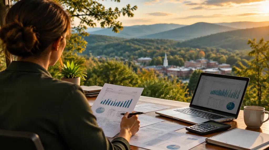An accountant reviewing financial reports at a desk in Anderson, SC