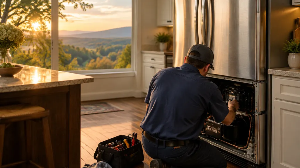 A technician repairing a refrigerator in a kitchen in Anderson, SC