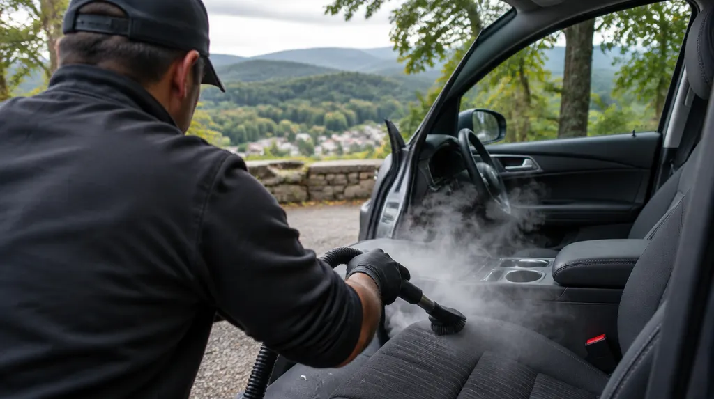 A detailer cleaning a car interior with a steam tool in Anderson, SC