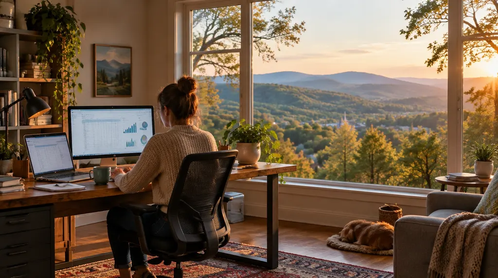 A bookkeeper working on financial software in a home office in Anderson, SC