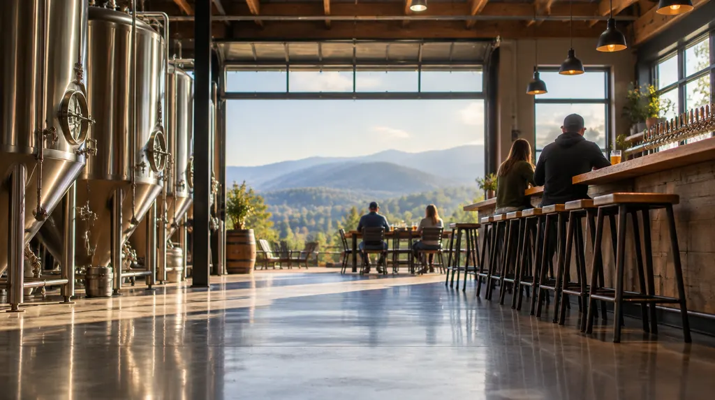 A craft brewery taproom with tanks and a bar in Anderson, SC