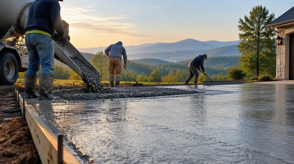 A crew pouring and screeding a new concrete driveway in Anderson, SC