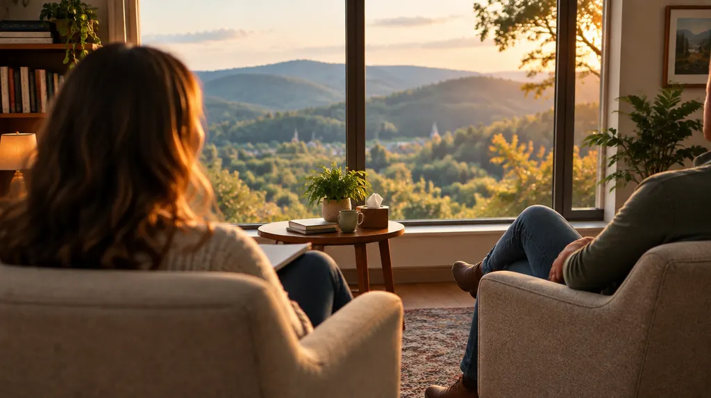 A calm, softly lit counseling room with two armchairs in Anderson, SC