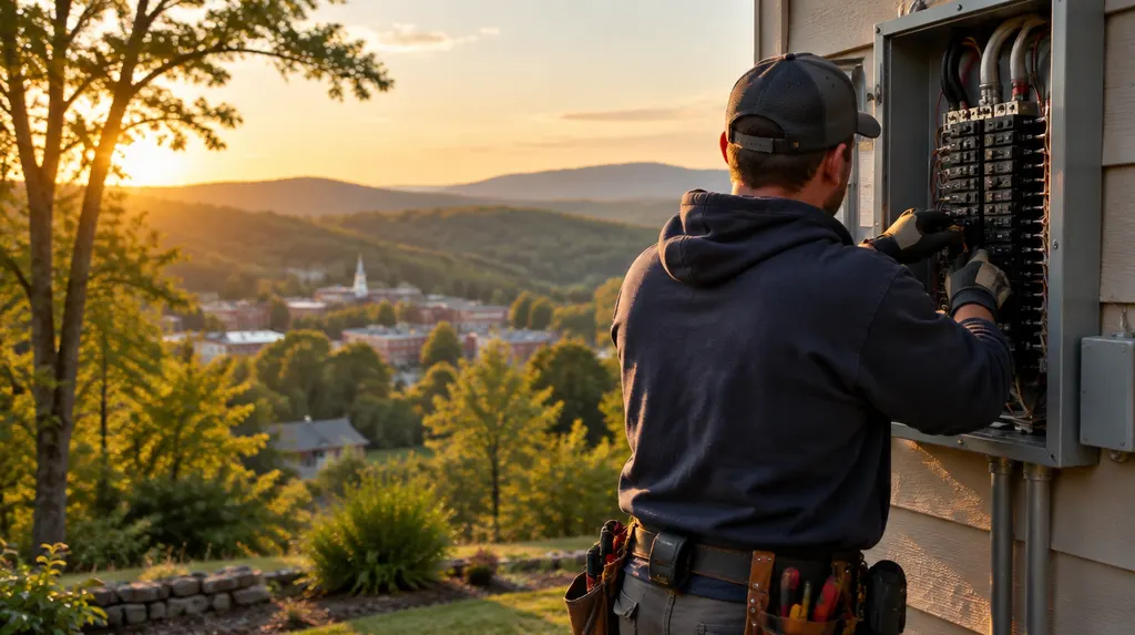 An electrician working on an open breaker panel in Anderson, SC