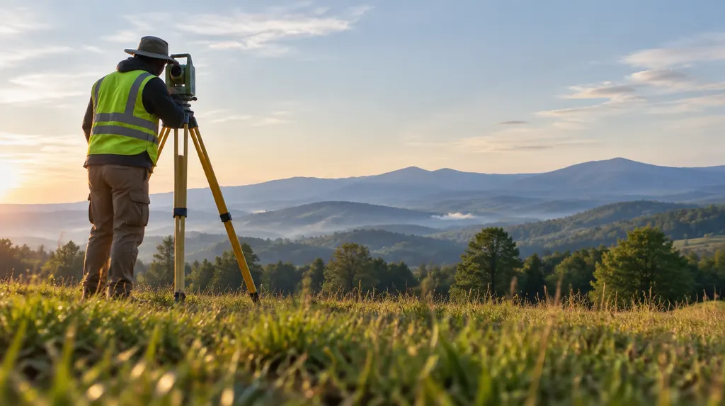 A surveyor with a tripod instrument in a field in Anderson, SC