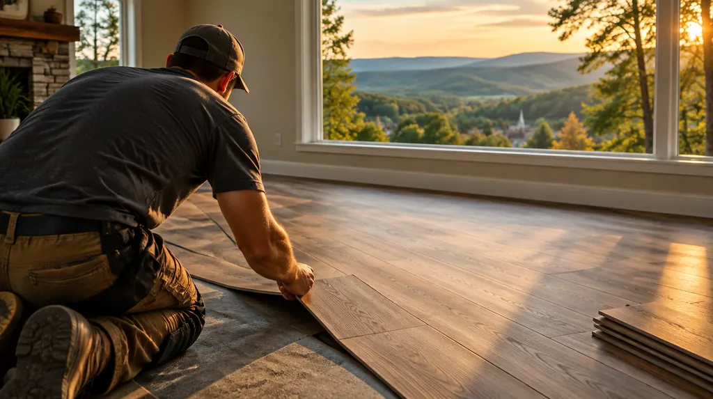 An installer laying luxury vinyl plank flooring in Anderson, SC