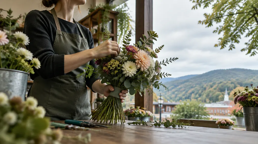 A florist arranging a bouquet in a flower shop in Anderson, SC