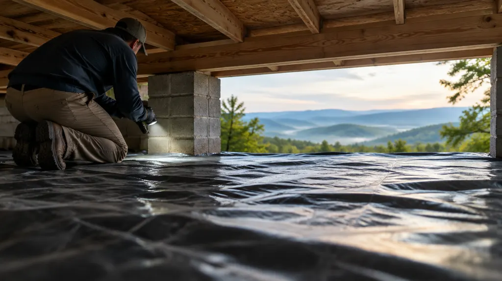 A technician inspecting a crawl space with a vapor barrier in Anderson, SC
