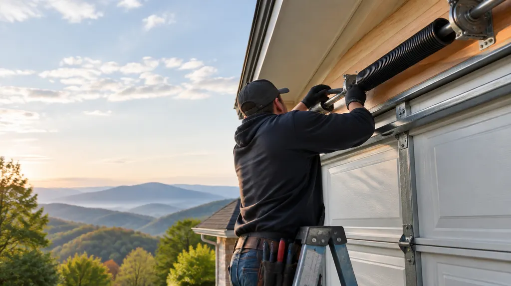 A technician replacing a torsion spring above a garage door in Anderson, SC