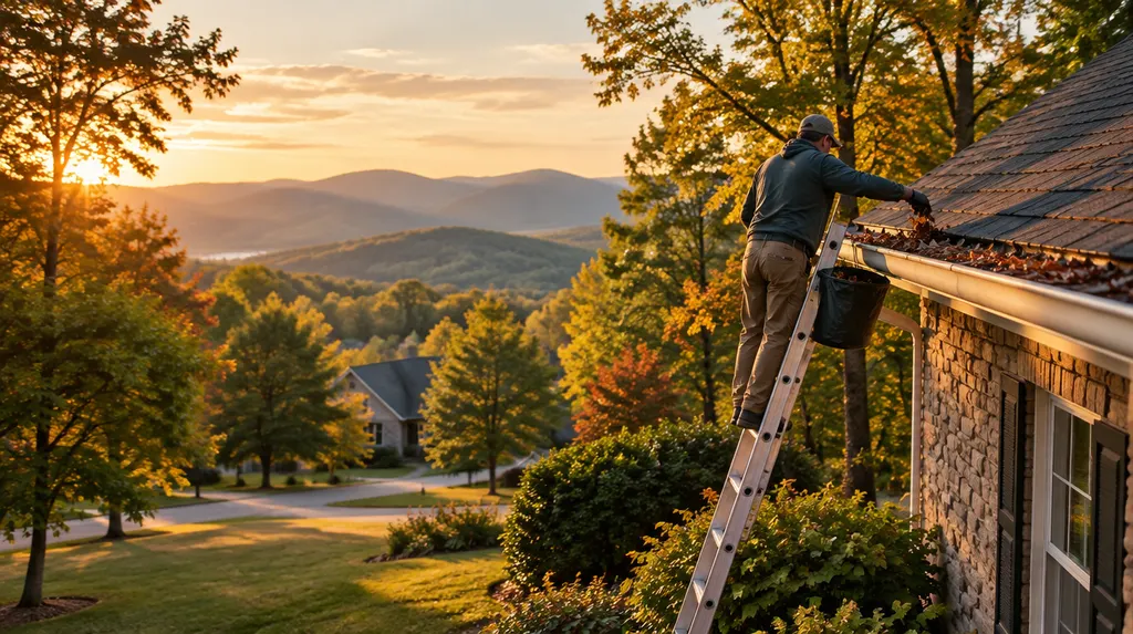 A worker cleaning leaves out of a gutter from a ladder in Anderson, SC