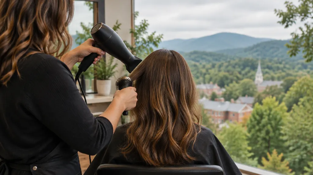 A stylist blow-drying a client’s hair in Anderson, SC
