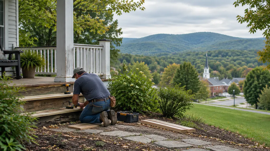 A handyman repairing a wooden porch step in Anderson, SC