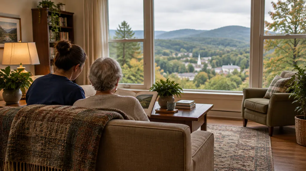 A warm living room with a caregiver and a senior reading together in Anderson, SC