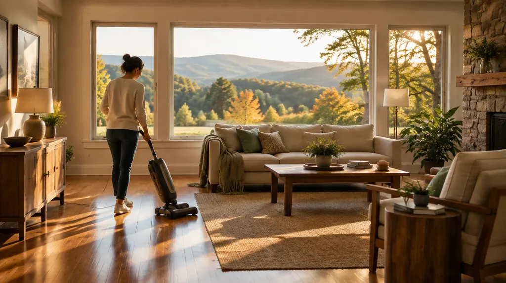 A cleaner vacuuming a sunny living room in Anderson, SC