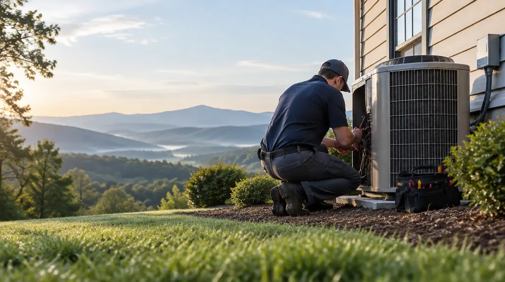 An HVAC technician servicing an outdoor condenser beside a house in Anderson, SC