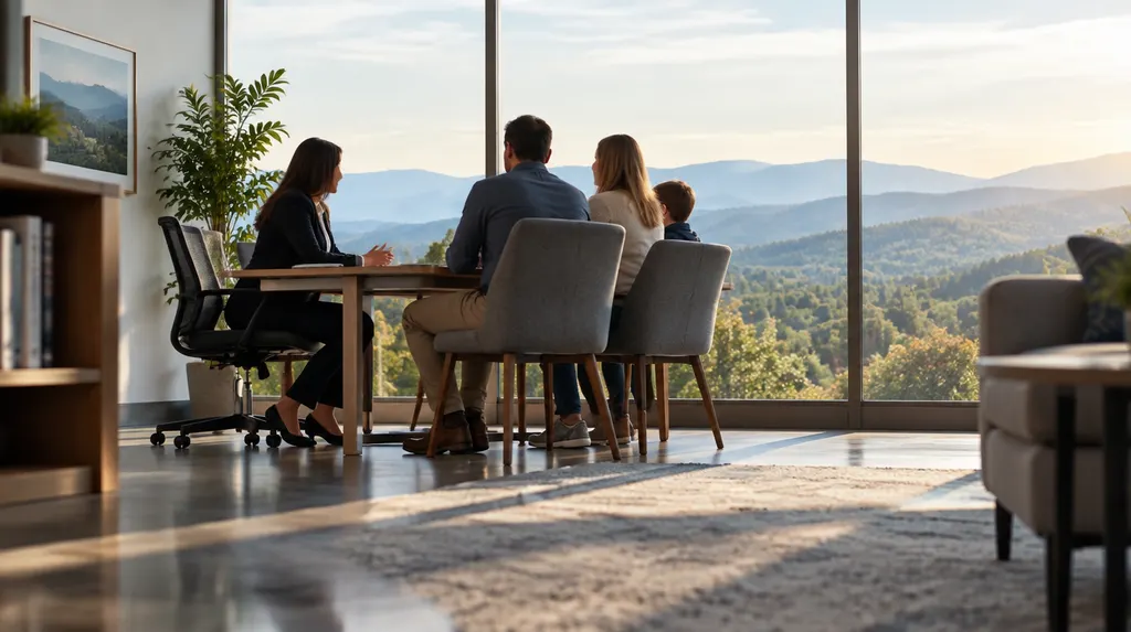 An insurance agent meeting a family in an office in Anderson, SC