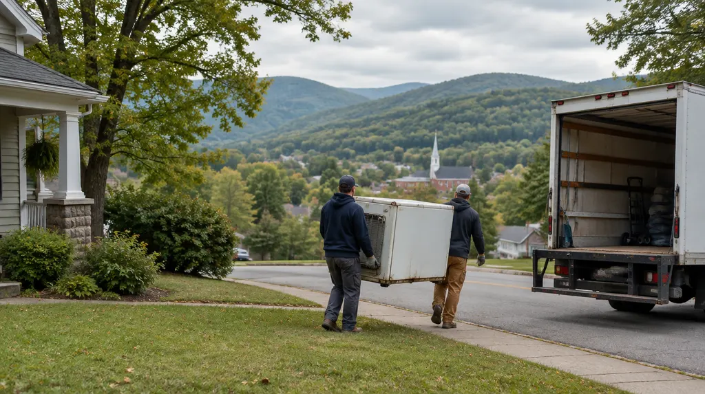 Workers carrying an old appliance to a truck in Anderson, SC