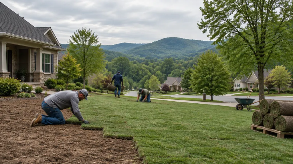 A crew laying fresh sod in a front yard in Anderson, SC