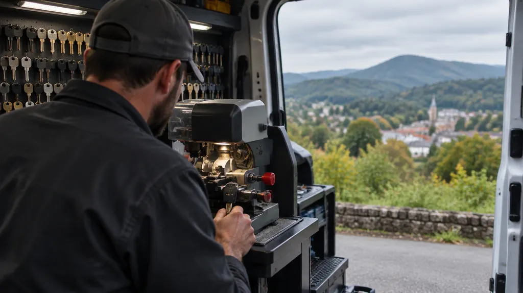 A locksmith cutting a new car key at a key machine in a work van in Anderson, SC