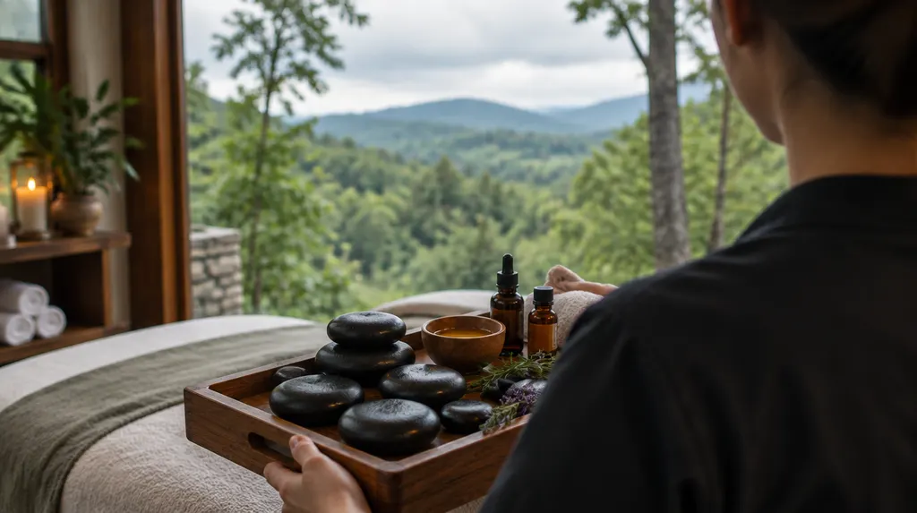 Warm stones and oils on a wooden tray in a spa in Anderson, SC
