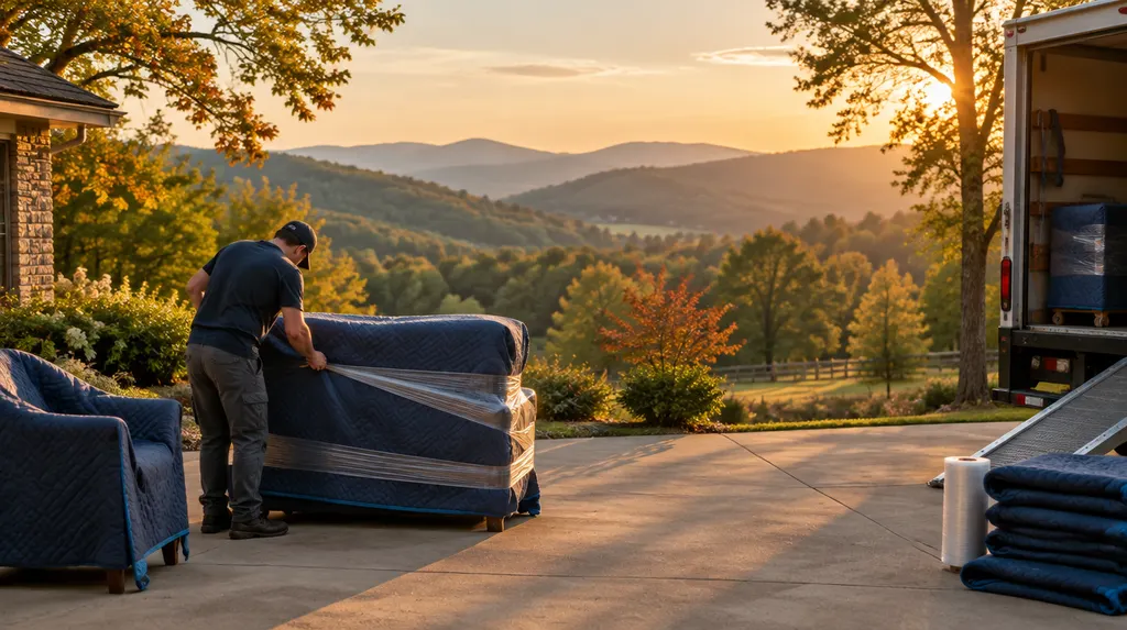 A mover wrapping furniture in moving blankets in Anderson, SC