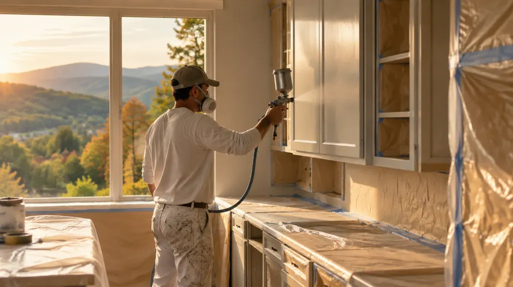 A painter spraying kitchen cabinets in a prepped room in Anderson, SC