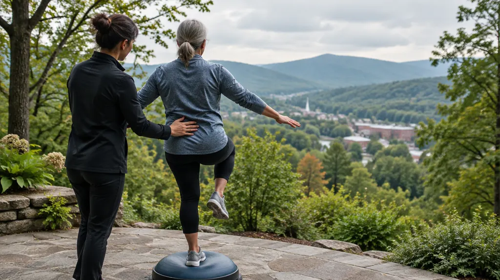 A therapist guiding a patient on a balance exercise in Anderson, SC