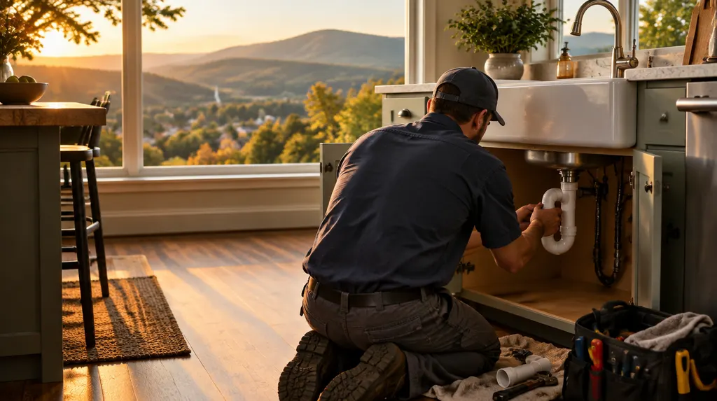A plumber kneeling under a kitchen sink fitting a new pipe in Anderson, SC