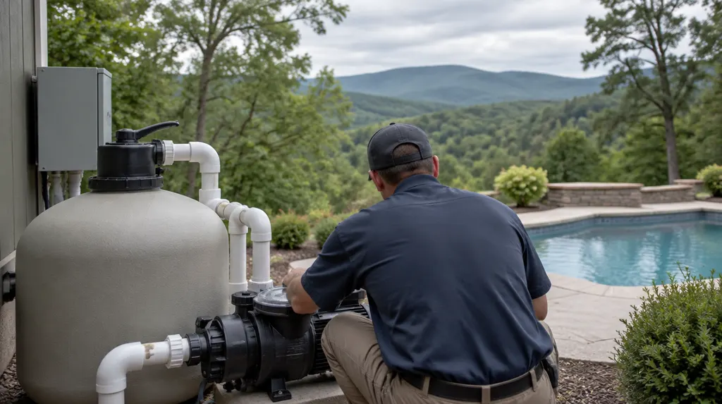 A technician checking pool equipment and a pump in Anderson, SC