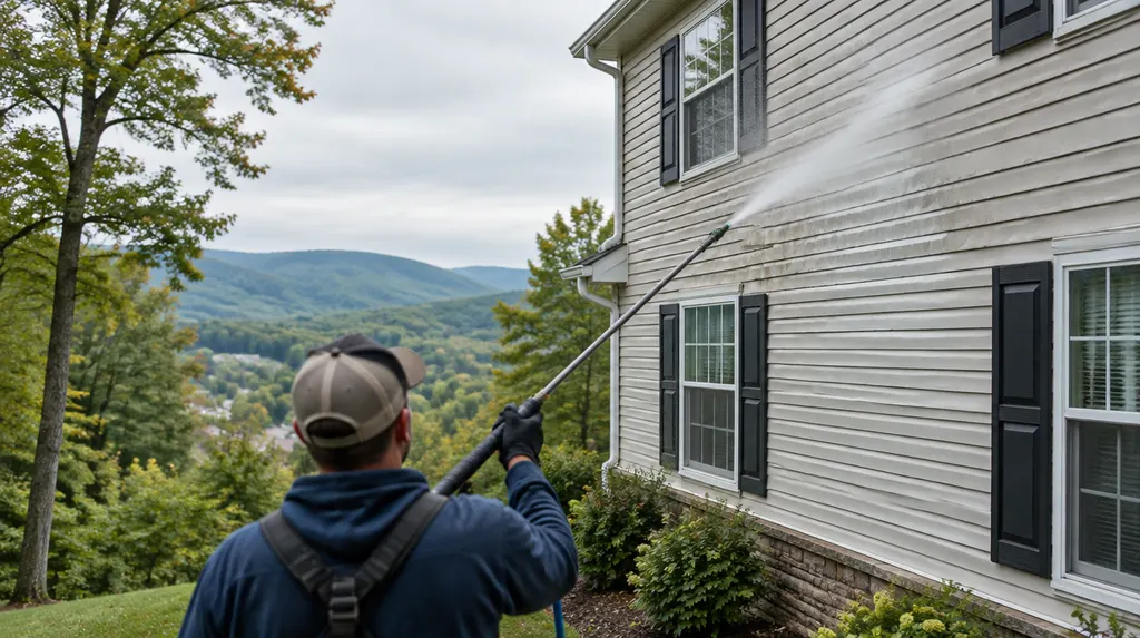 Soft washing the vinyl siding of a two-story house in Anderson, SC