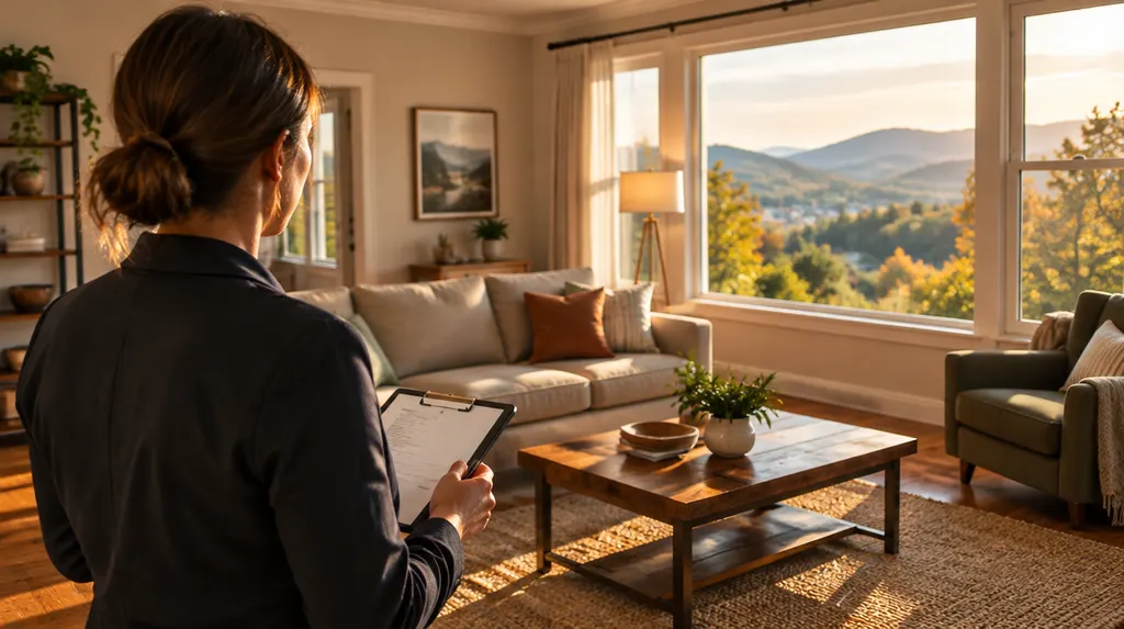 A property manager inspecting a rental living room in Anderson, SC
