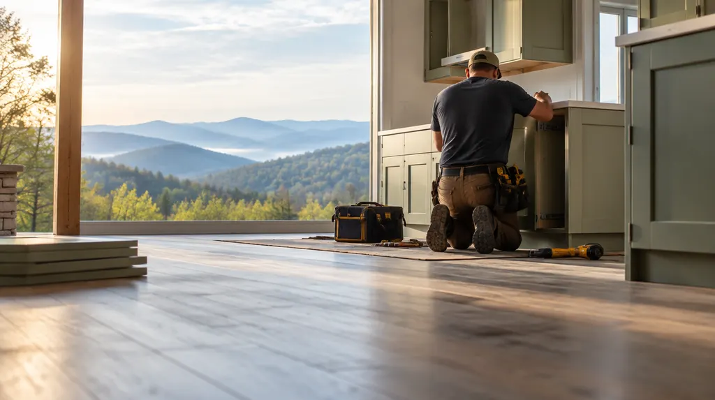 A remodeler installing new kitchen cabinets in Anderson, SC